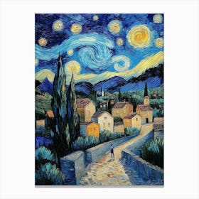 Starry Night Vincent Van Gogh Painting Style, Landscape In Blue Tones, Masterpiece 1 Canvas Print