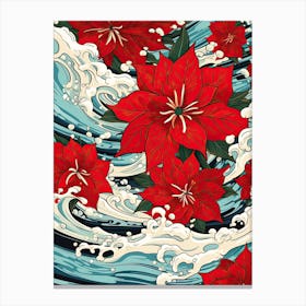Great Wave With Poinsettia Flower Drawing In The Style Of Ukiyo E 1 Canvas Print