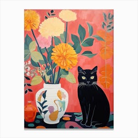 Ranunculus Flower Vase And A Cat, A Painting In The Style Of Matisse 1 Canvas Print