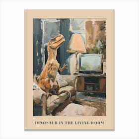 Dinosaur In The Living Room With A Tv Poster Canvas Print