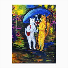 Cats Have Fun Cats On An Evening Date Under An Umbrella Canvas Print