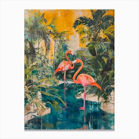 Retro Flamingoes In A Garden 5 Canvas Print