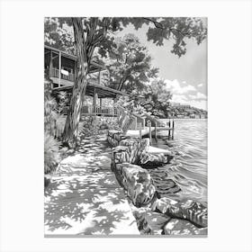 The Oasis On Lake Travis Austin Texas Black And White Drawing 3 Canvas Print