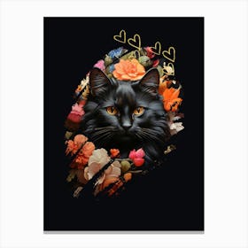 Black Cat With Flowers Canvas Print