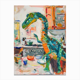 Dinosaur Cooking In The Kitchen Blue Brushstrokes 2 Canvas Print