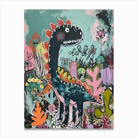 Dinosaur In The Garden Colourful Brushstroke 3 Canvas Print