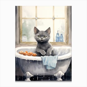 Russian Blue Cat In Bathtub Botanical Bathroom 1 Canvas Print