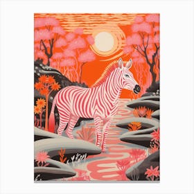 Zebra In The River At Sunset Orange & Pink Canvas Print