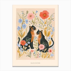 Folksy Floral Animal Drawing Black Panther Poster Canvas Print