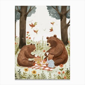 Brown Bear Family Picnicking In The Woods Storybook Illustration 4 Canvas Print