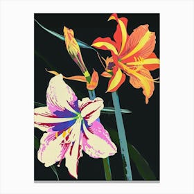 Neon Flowers On Black Amaryllis 6 Canvas Print