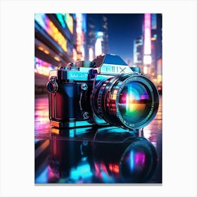 Iridescent Camera Emanating Vibrant Reflections Symbolizing Futurism Set Against A Backdrop Of A Cy Canvas Print