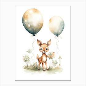 Baby Deer Flying With Ballons, Watercolour Nursery Art 4 Canvas Print