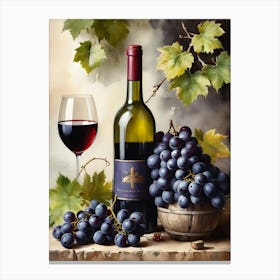 Vines,Black Grapes And Wine Bottles Painting (4) Canvas Print