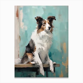 Border Collie Dog, Painting In Light Teal And Brown 2 Canvas Print