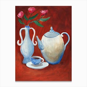 Vase And Teapot - burnt orange still life vertical kitchen art figurative painting Canvas Print