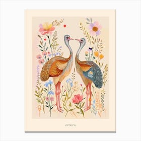 Folksy Floral Animal Drawing Ostrich 3 Poster Canvas Print