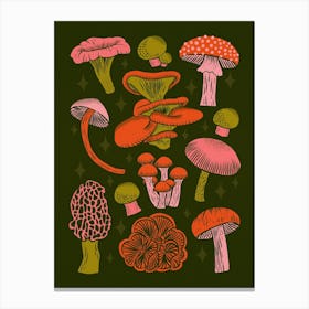 Texas Mushrooms   Bright Multicolor On Green Canvas Print