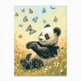 Giant Panda Cub Playing With Butterflies Storybook Illustration 4 Canvas Print