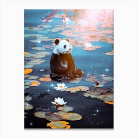Baby Panda Floating On Water Lilies Canvas Print