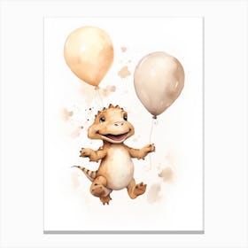 Baby Dinosaur (T Rex) Flying With Ballons, Watercolour Nursery Art 2 Canvas Print