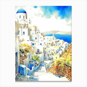 Santorini Watercolor Painting Canvas Print