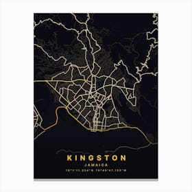 Kingston Saint Andrew Jamaica Black And Gold Map Canvas Print