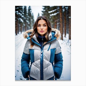 Woman in down jacket walking in a snowy park 1 Canvas Print