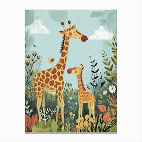 Mother Giraffe & Calf Colourful Illustration 4 Canvas Print