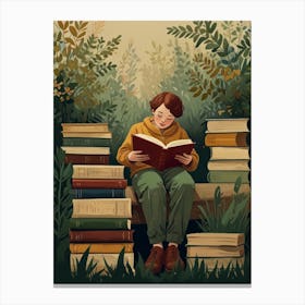 Boy Reading A Book In The Forest Canvas Print