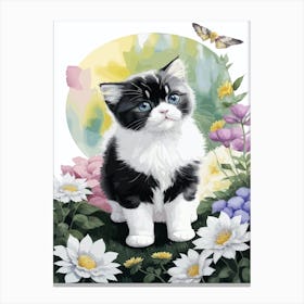 Cute Kitten And Flowers Watercolor 2 Canvas Print