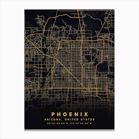 Phoenix Arizona Usa Black And Gold Map Canvas Print