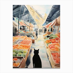 Food Market With Cats In Vienna 7 Watercolour Canvas Print