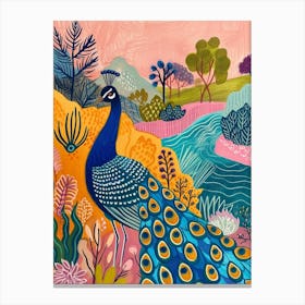 Folky Floral Peacock By The River 2 Canvas Print