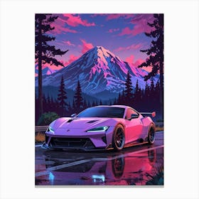 Pink Sports Car In Front Of Mountains Canvas Print