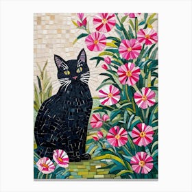 Black Cat With Pink Flowers Canvas Print