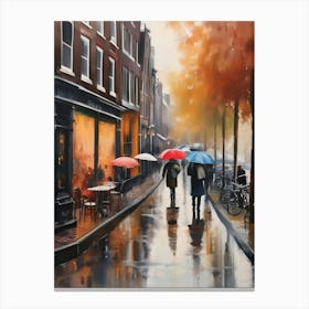 Amsterdam cafes, autumn season, rain, autumn oil colours.Faded colours,People passing on the street, winter clothes, rain umbrellas.8 2 Canvas Print