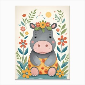 Floral Baby Hippo Nursery Illustration (20) Canvas Print