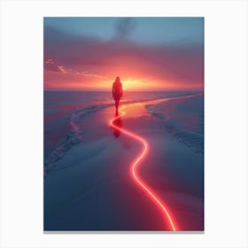 Person Walking On The Beach At Sunset Canvas Print