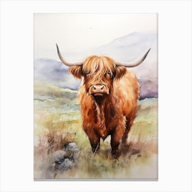 Chestnut Highland Cow In A Cloudy Field Canvas Print