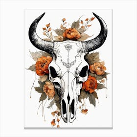 Vintage Boho Bull Skull Flowers Painting (20) Canvas Print