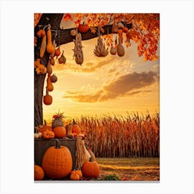 A Photograph Showcasing A Thanksgiving Festival Scene Set In A Rustic Fall Evening Wooden Decoratio (2) Canvas Print