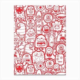 Cute Clusters of Monsters and Aliens Red and White Kids Canvas Print