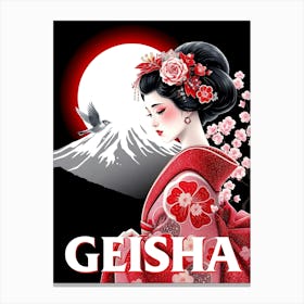 Geisha With Flowers By A Bird - Neon Glow Canvas Print