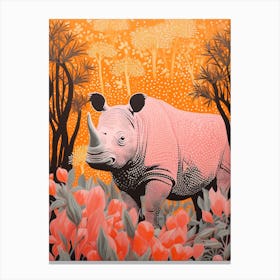 Geometric Pink & Orange Rhino In The Plants 1 Canvas Print
