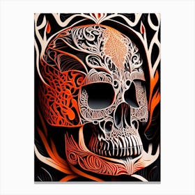 Skull With Intricate Linework 3 Orange Linocut Canvas Print