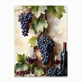 Vines,Black Grapes And Wine Bottles Painting (15) Canvas Print