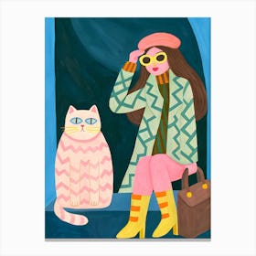 Woman Girl And Pink Cat, fashion outfit Leinwandbilder