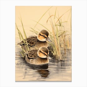Ducklings Swimming In The Water Japanese Woodblock Style 1 Canvas Print