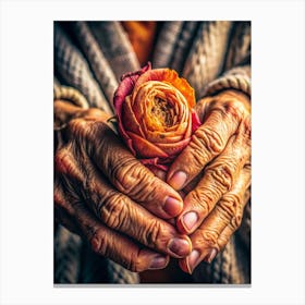 A Weathered Hand Gently Cradling A Blooming Flower (2) Canvas Print